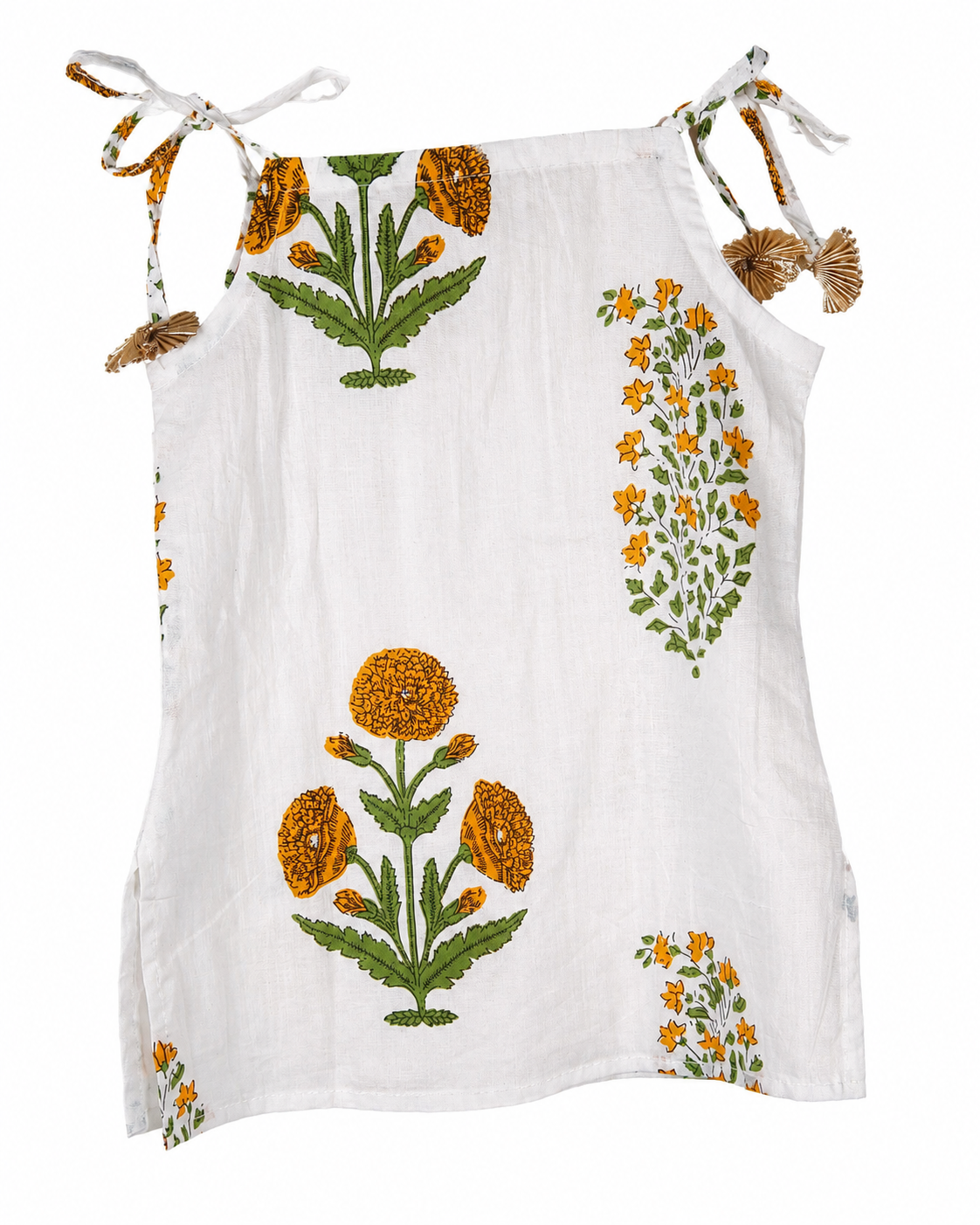 White sleeveless top with floral embroidery on a white background