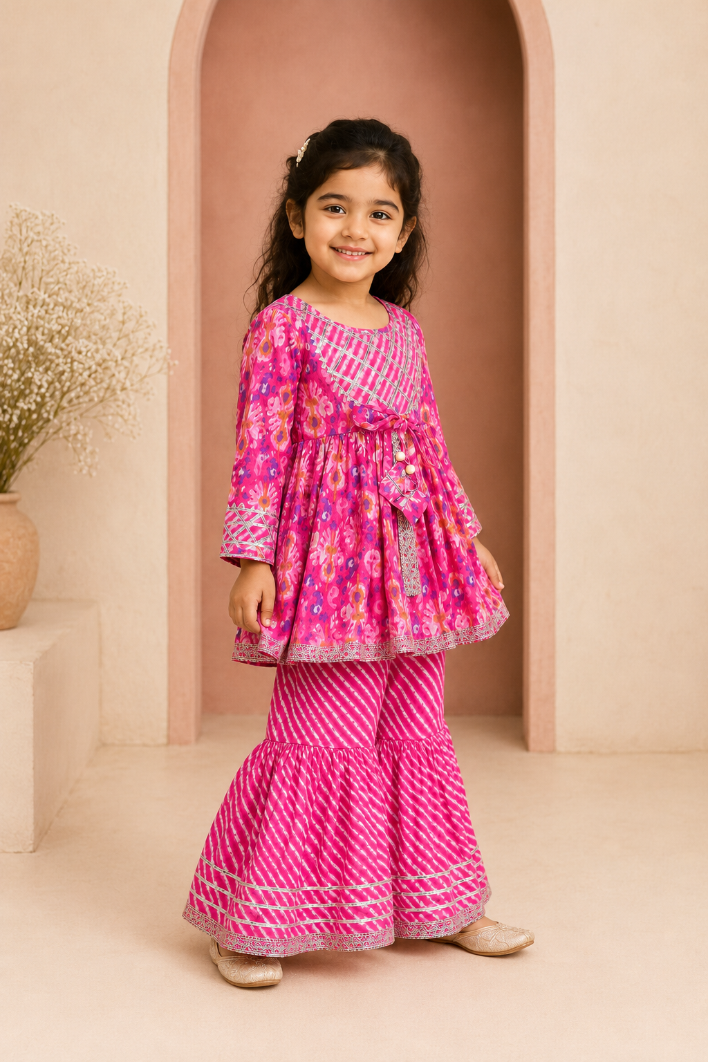Young girl in a pink traditional outfit standing in a decorative archway.