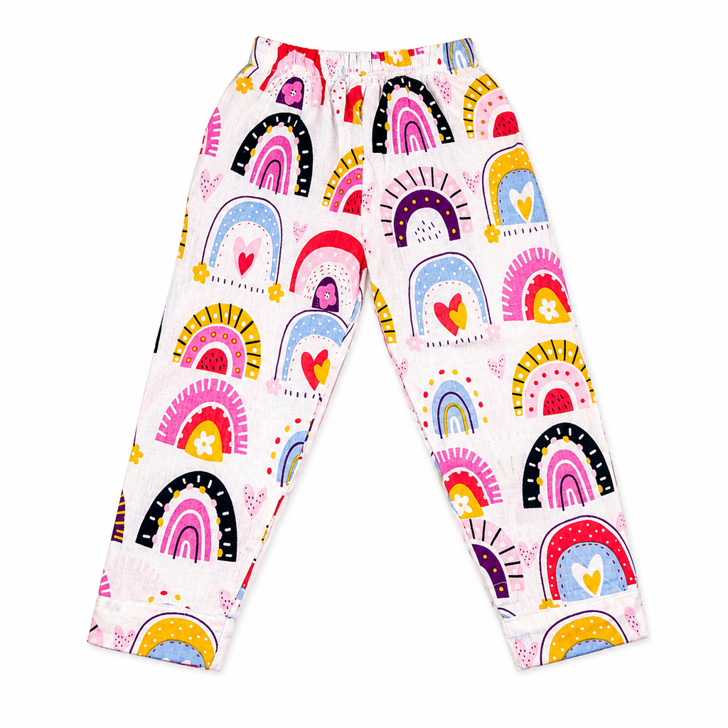 Colorful rainbow-patterned pants on a white background