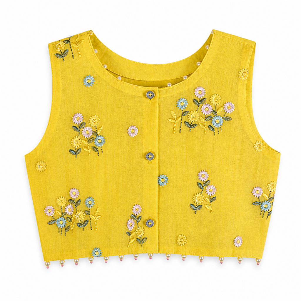 Yellow sleeveless top with floral embroidery on a white background