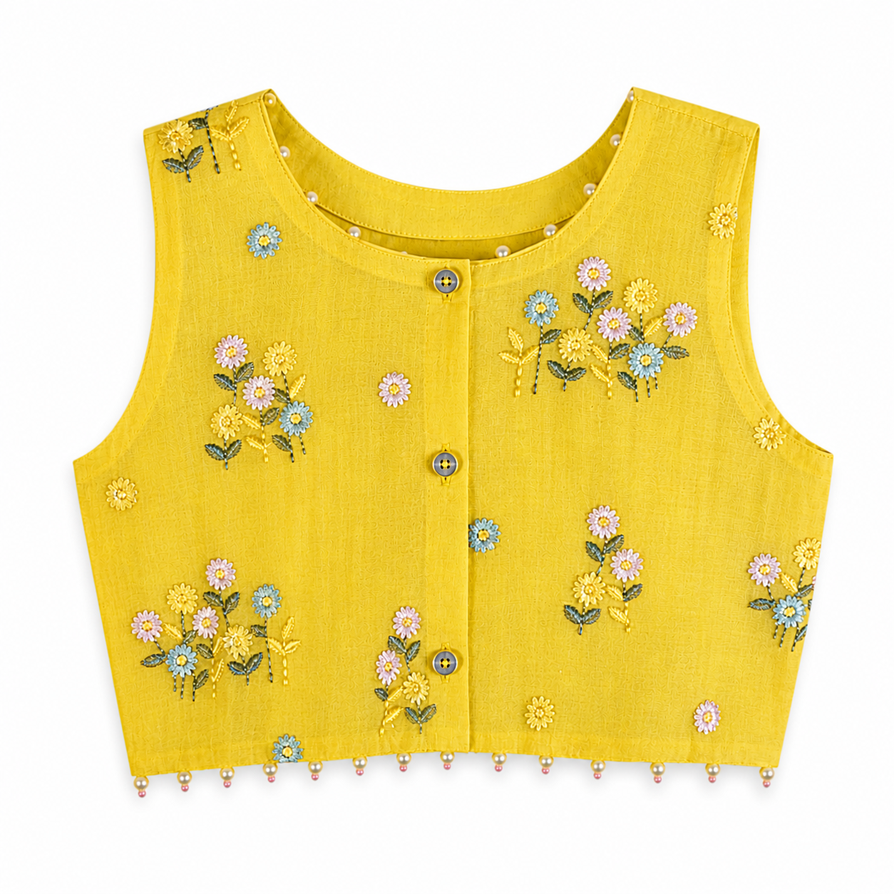 Yellow sleeveless top with floral embroidery on a white background