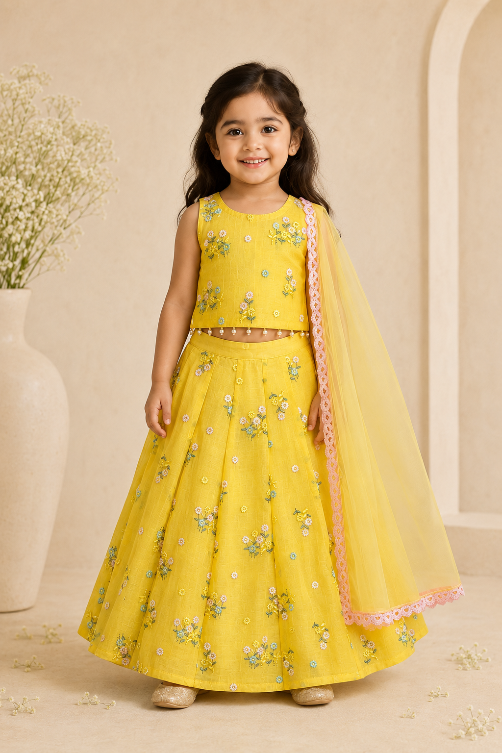 Young girl in a yellow floral outfit with a matching dupatta against a beige background