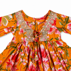 bright floral dress flat lay with white background