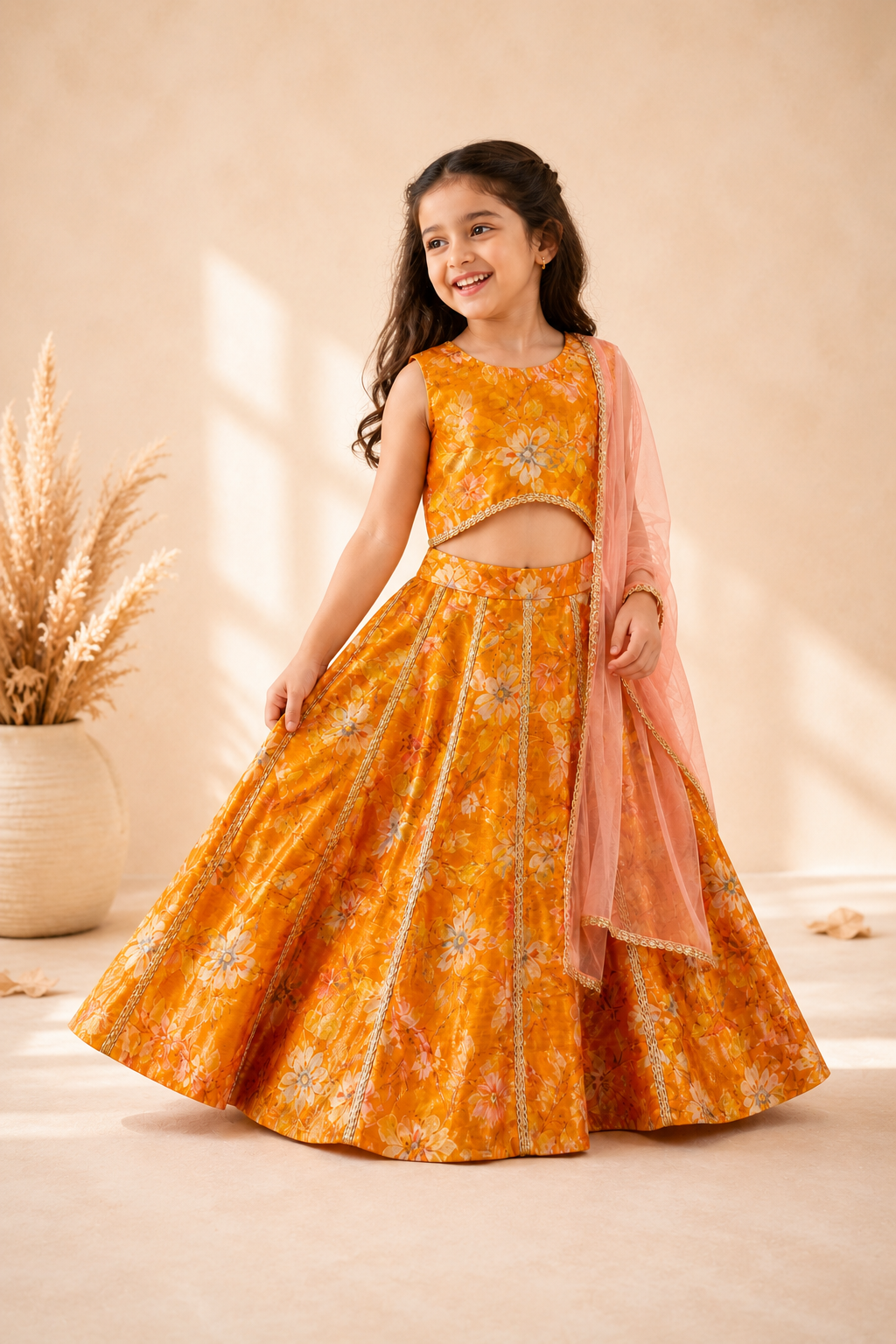 Golden Orange Floral Lehenga Choli Set for Girls