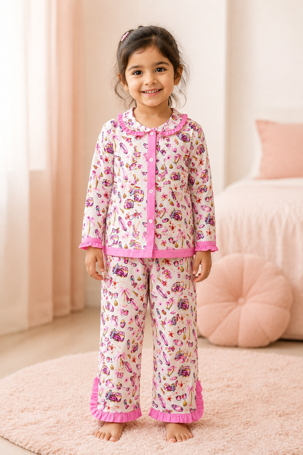 Young girl wearing a floral pajama set with pink trim in a cozy room.