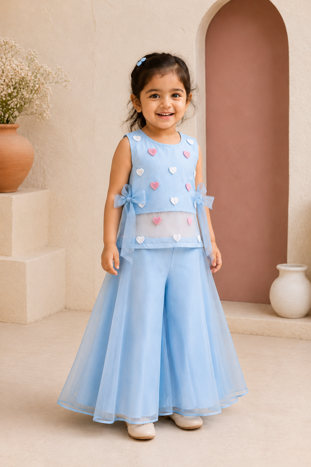 Young girl in a light blue dress with heart patterns standing in a decorative indoor setting.