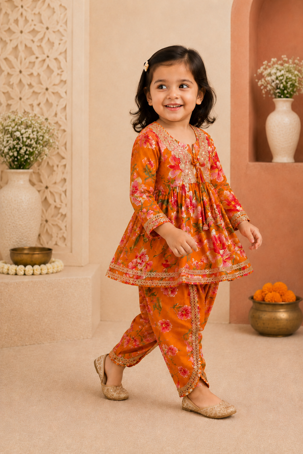 Young girl in an orange floral traditional outfit standing in a decorative indoor setting.