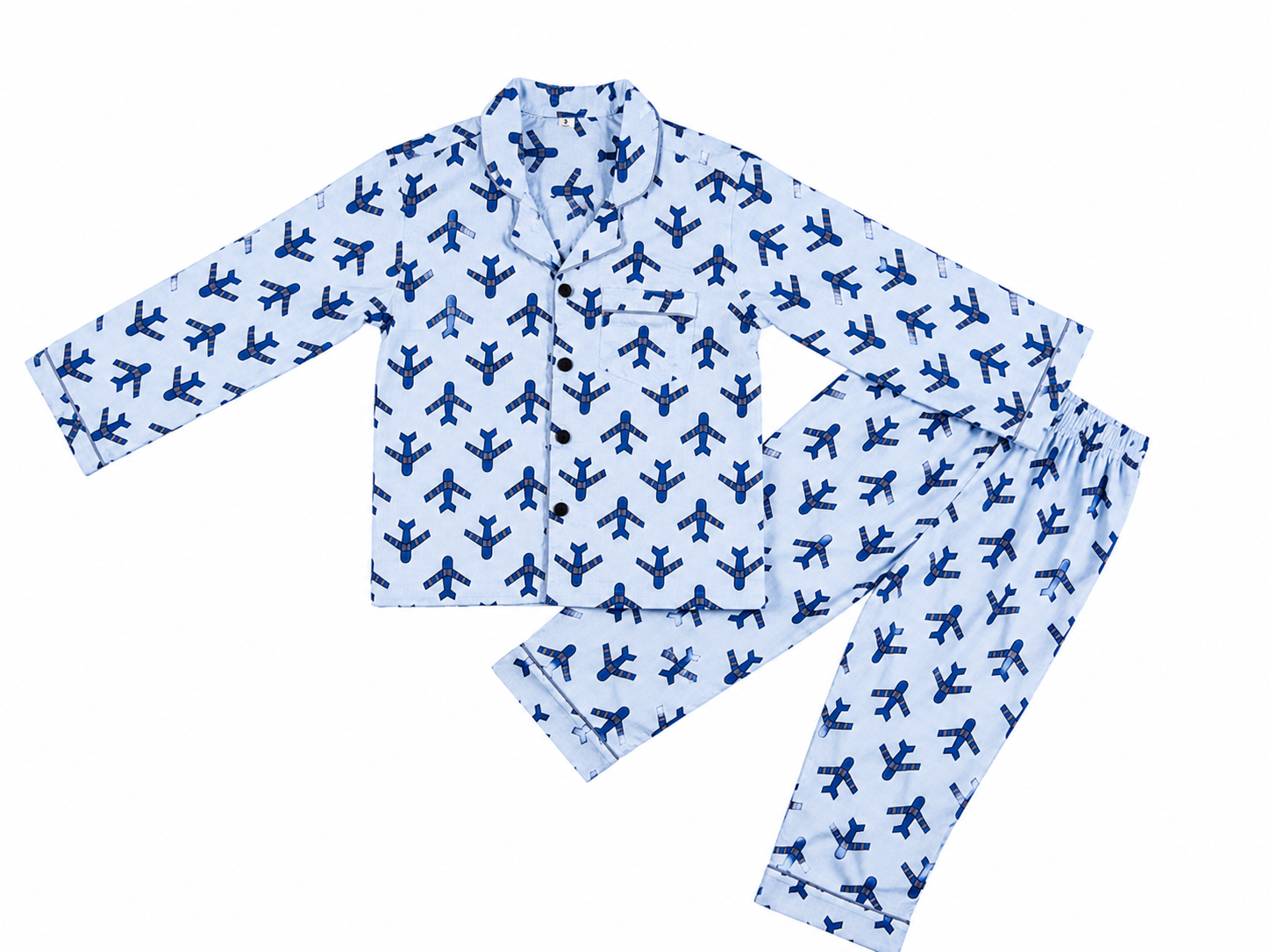 Children's pajama set with airplane pattern on a white background