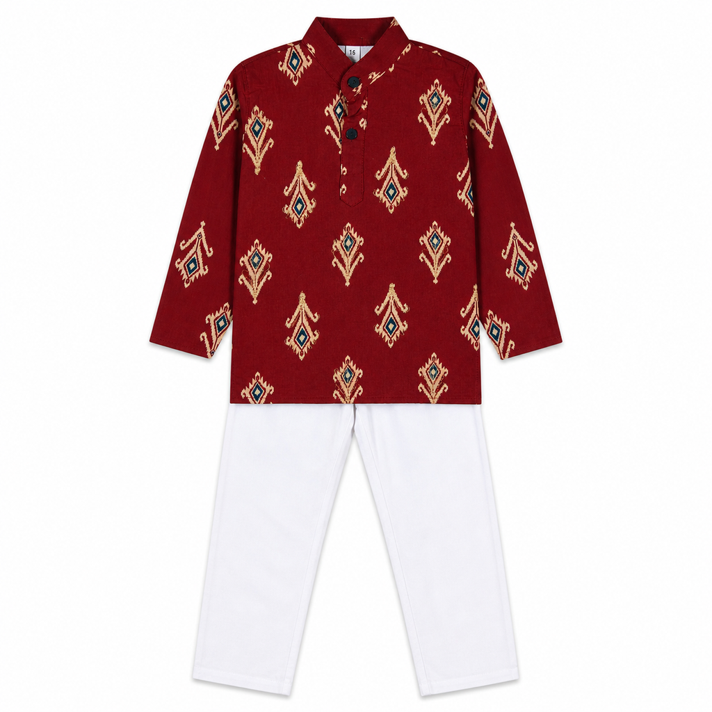 maroon kurta set with white pants with white background