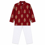 maroon kurta set with white pants with white background