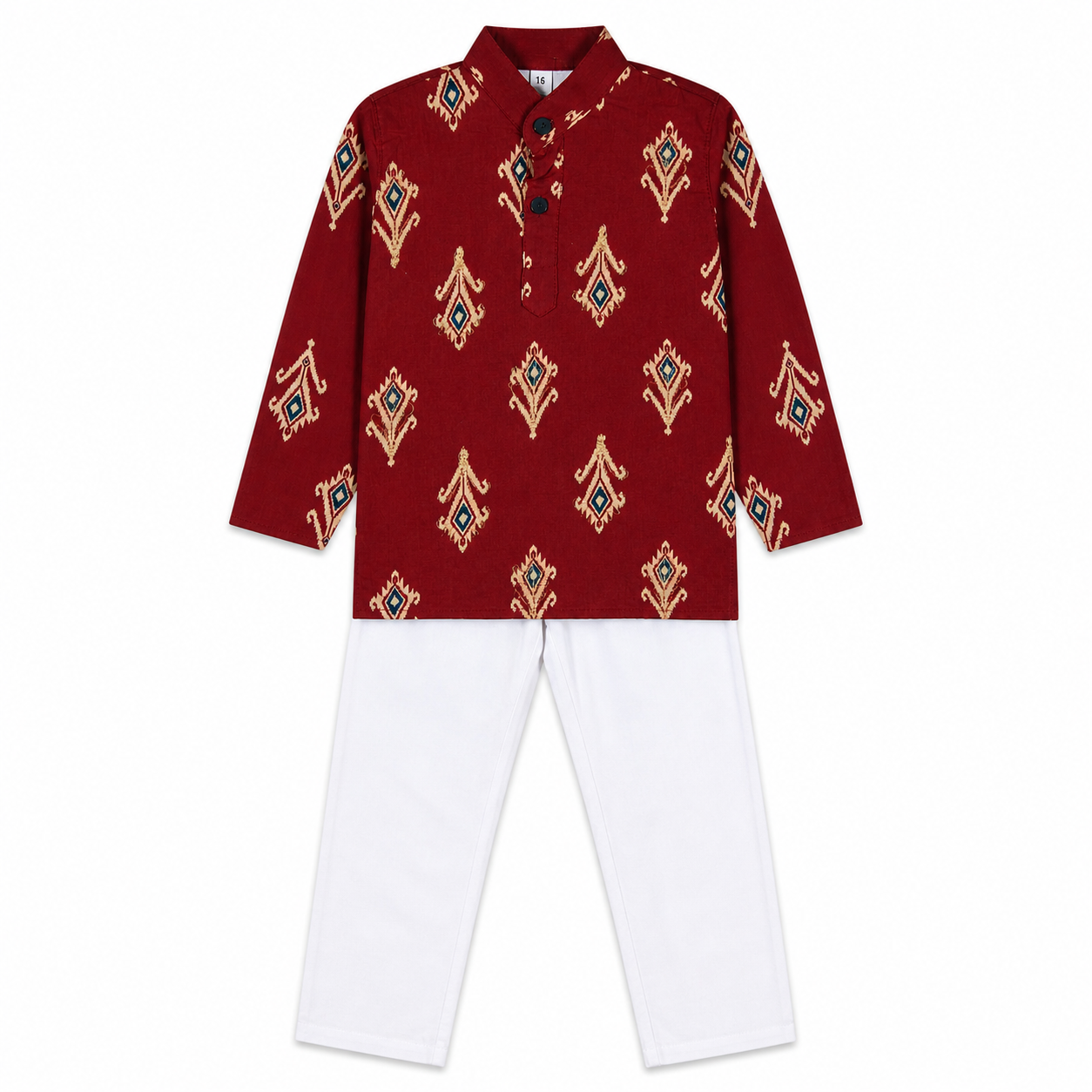 maroon kurta set with white pants with white background