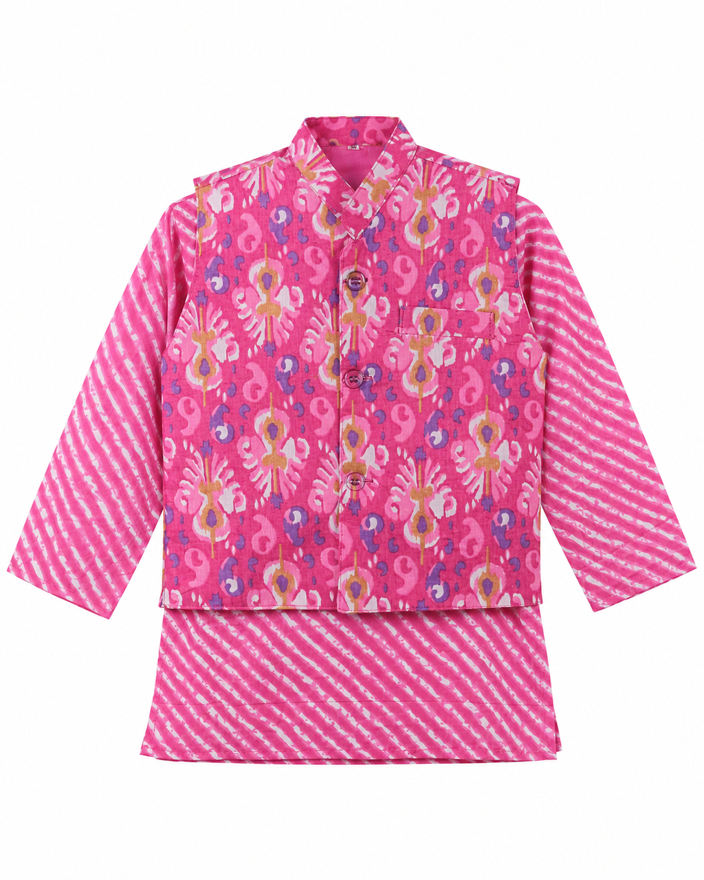 Pink children's outfit with a patterned top and matching skirt on a white background