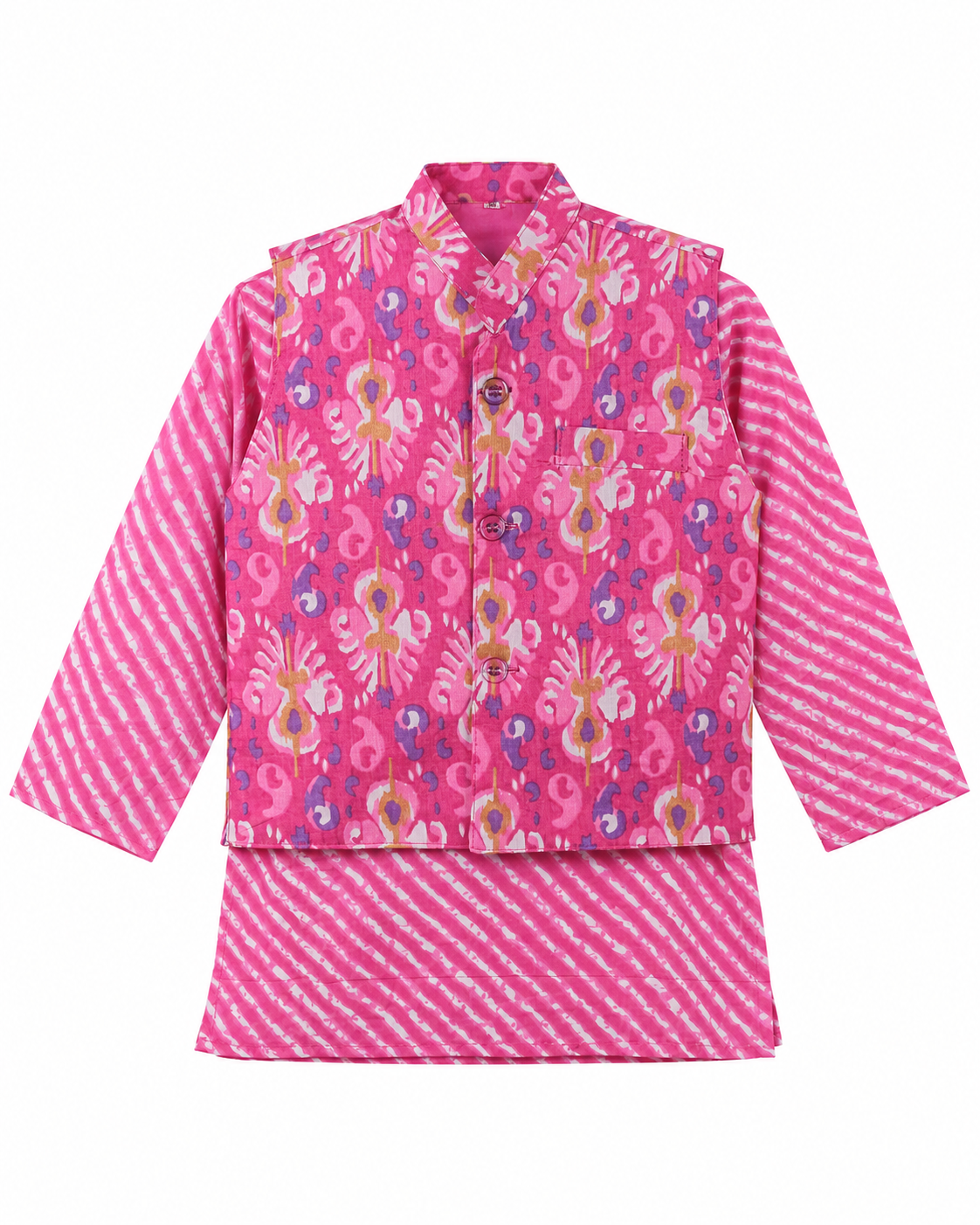 Pink children's outfit with a patterned top and matching skirt on a white background