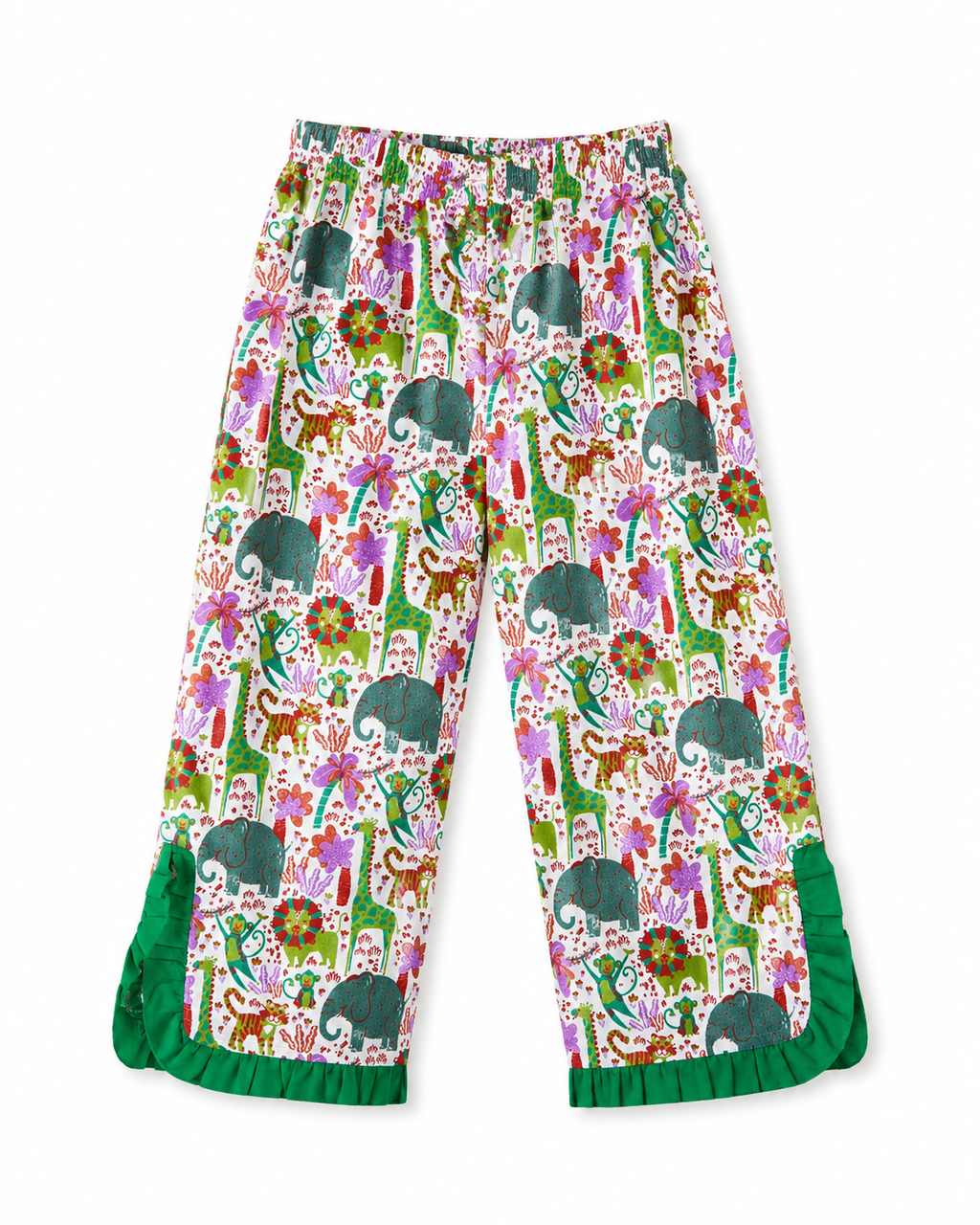 Colorful children's pants with animal pattern on a white background