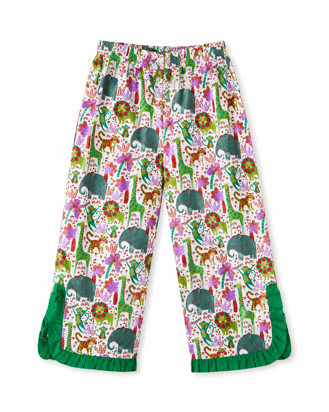 Colorful children's pants with animal pattern on a white background