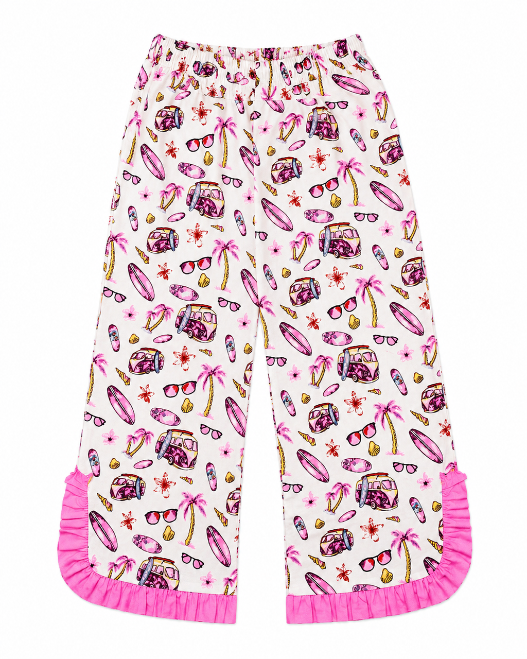 Floral-patterned pants with pink trim on a white background