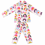 Children's pajama set with colorful rainbow pattern on a white background