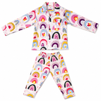 Children's pajama set with colorful rainbow pattern on a white background