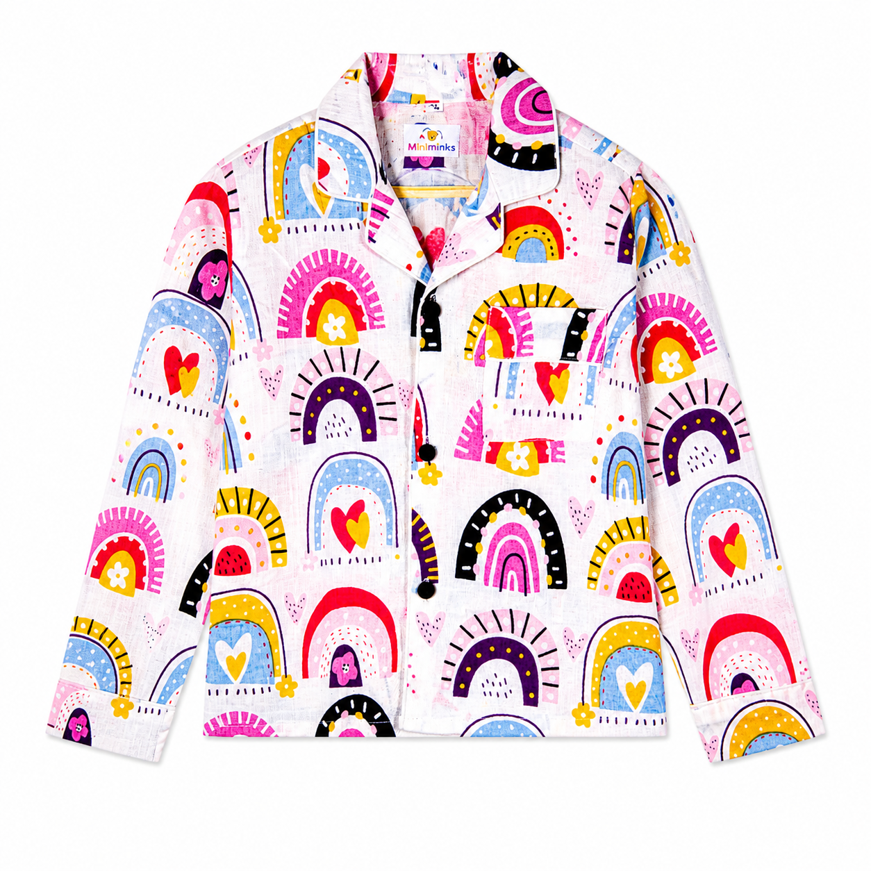 Rainbow print pajama shirt with collar and buttons by Miniminks