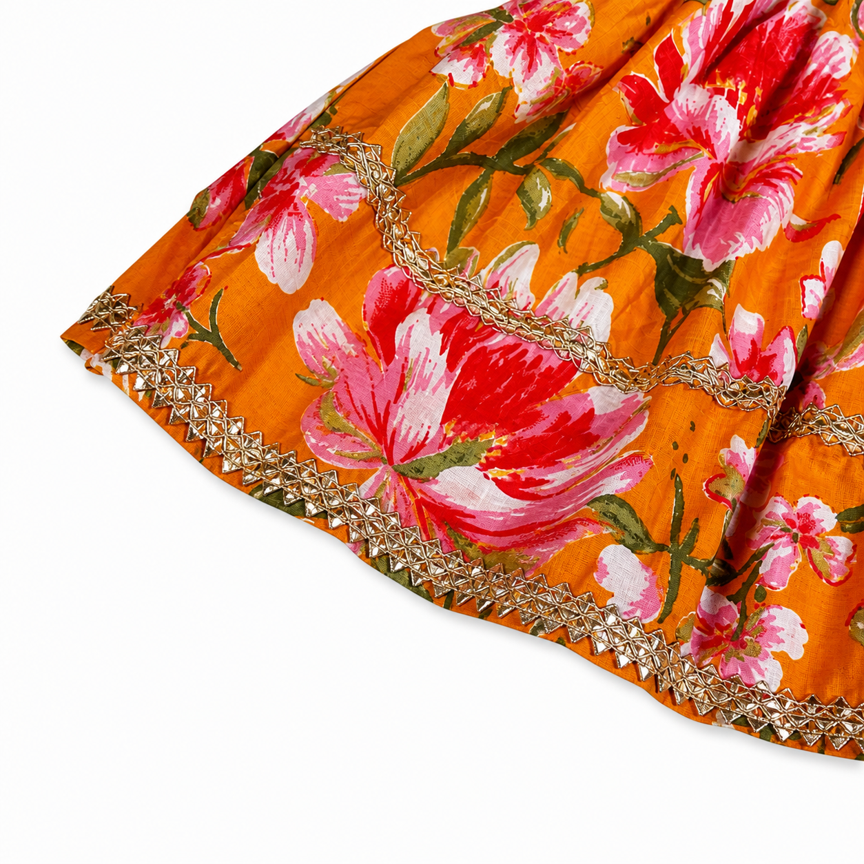 close up shot of colourful floral dress with gold trim