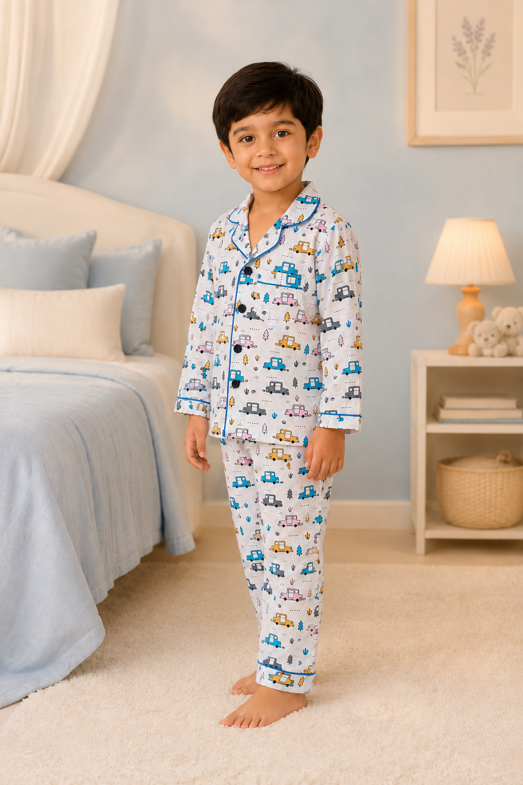 Child wearing pajamas with vehicle pattern in a bedroom setting