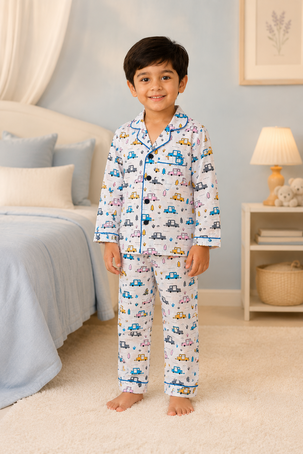 Child wearing pajamas with vehicle pattern in a bedroom setting