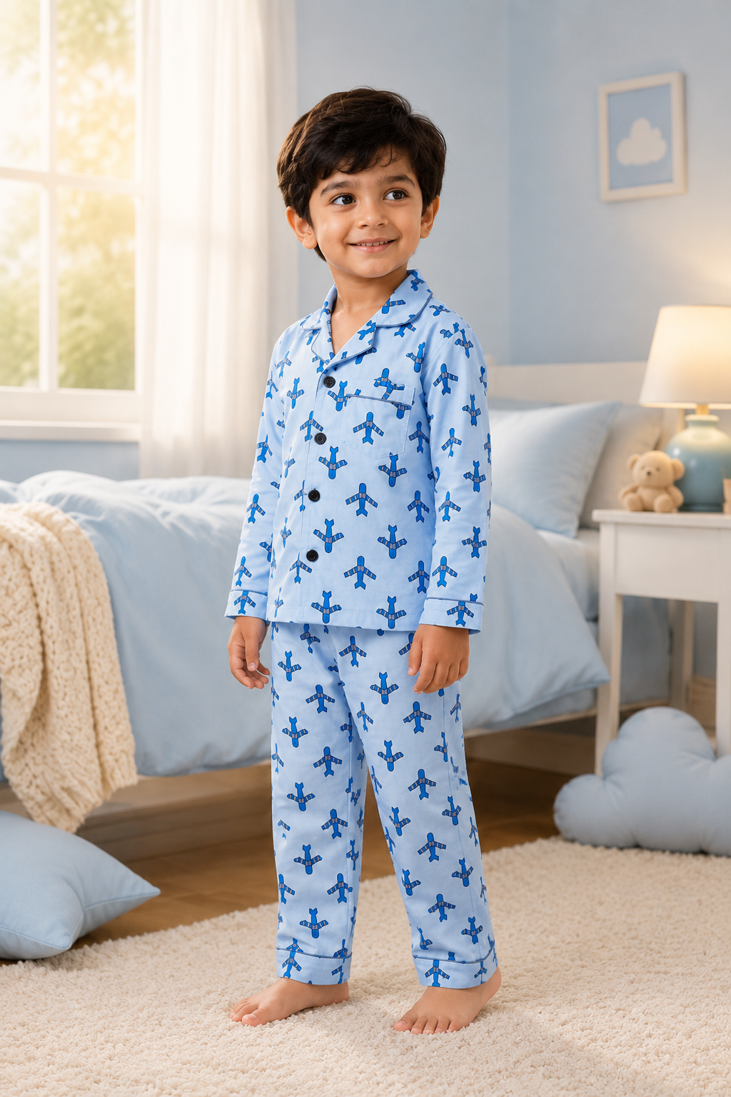 Child wearing blue pajamas with airplane pattern in a bedroom