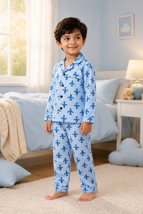 Child wearing blue pajamas with airplane pattern in a bedroom
