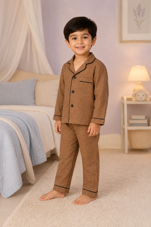 Child wearing brown pajamas in a bedroom setting