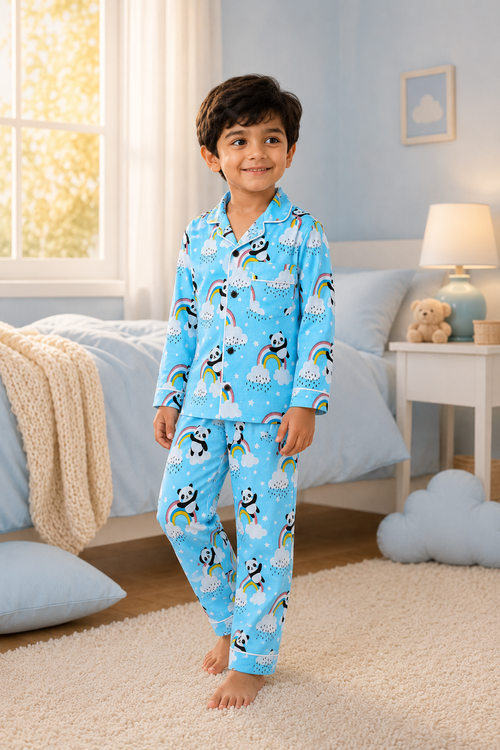 Child wearing blue pajamas with animal patterns in a bedroom setting