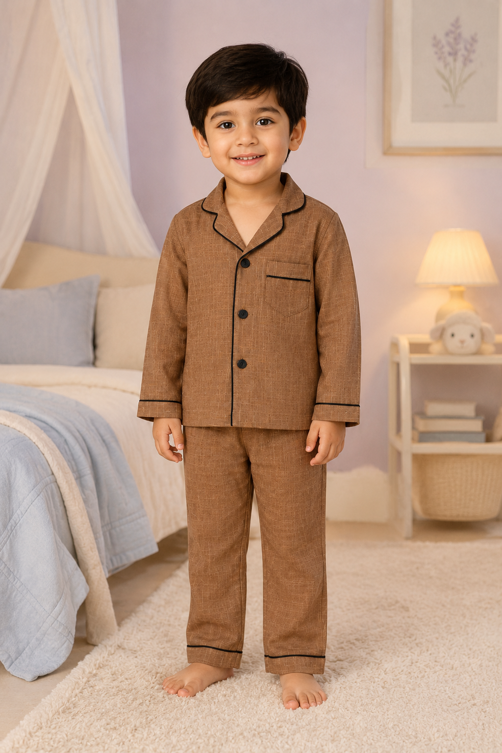 Child wearing brown pajamas in a bedroom setting