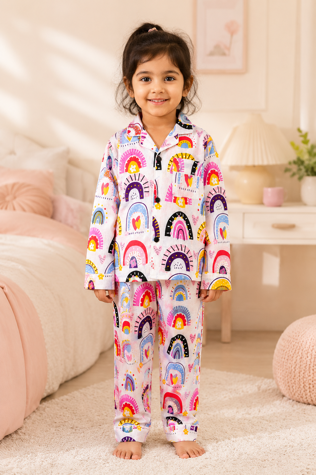 Child wearing colorful rainbow-themed pajamas in a cozy room.
