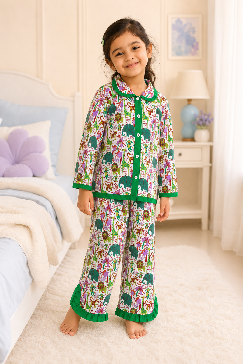 Child wearing a colorful pajama set with animal patterns in a bedroom.