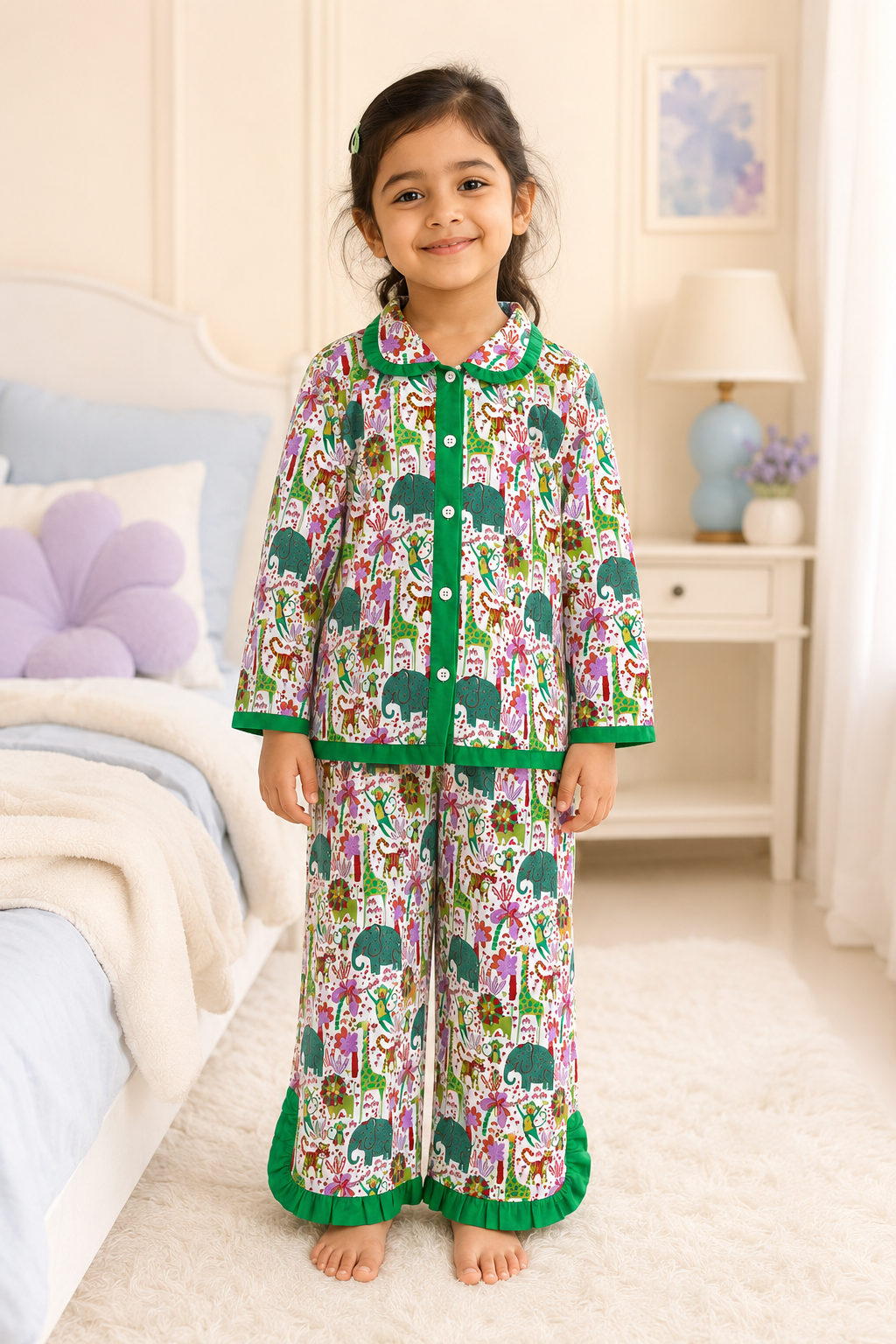 Child wearing a colorful pajama set with animal patterns in a bedroom.