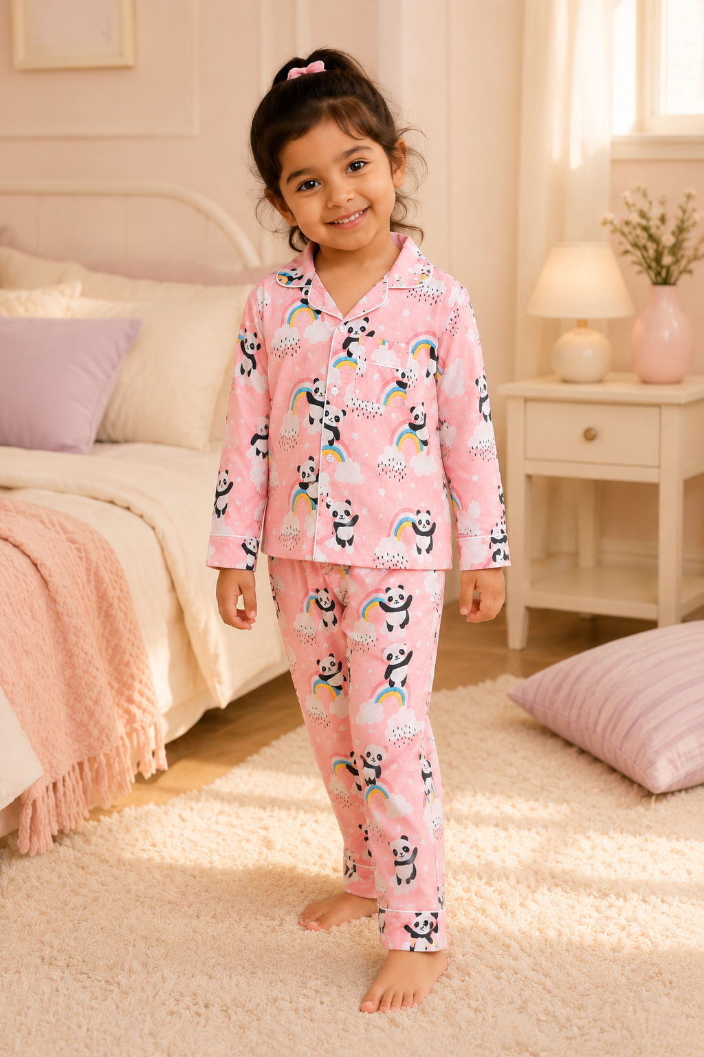 Child wearing pink pajamas with panda and rainbow patterns in a bedroom.