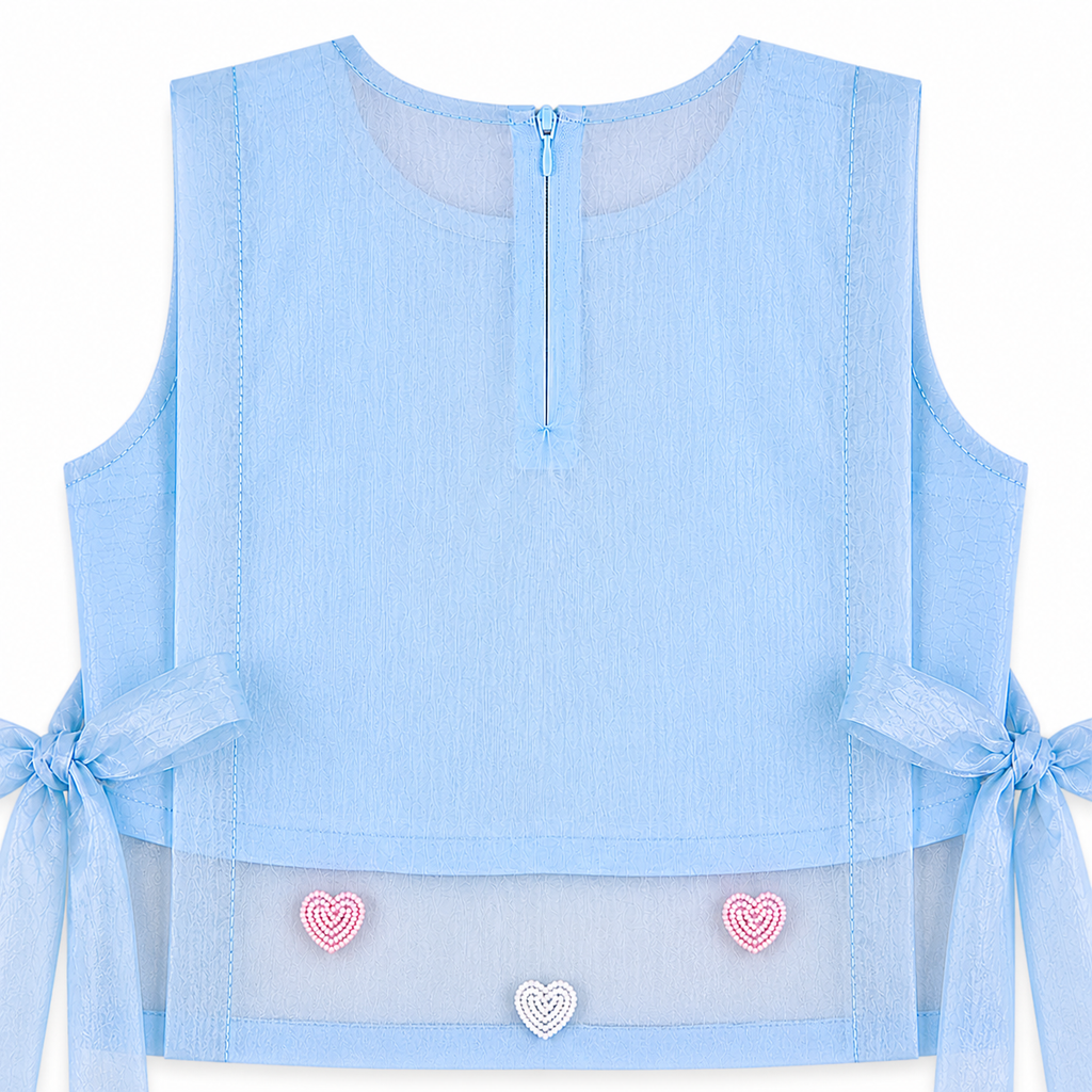 Light blue sleeveless top with heart designs and tied sleeves on a white background