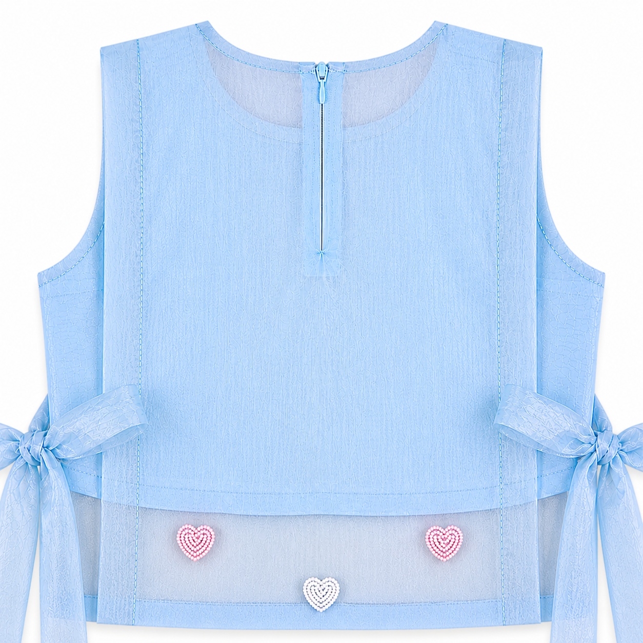 Light blue sleeveless top with heart designs and tied sleeves on a white background