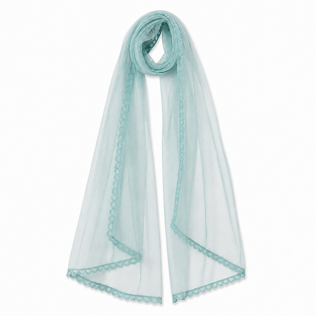 Light blue scarf with lace trim on a white background