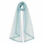 Light blue scarf with lace trim on a white background