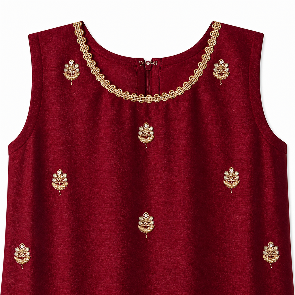 Maroon sleeveless top with gold embroidery on a white background