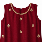 Maroon sleeveless top with gold embroidery on a white background