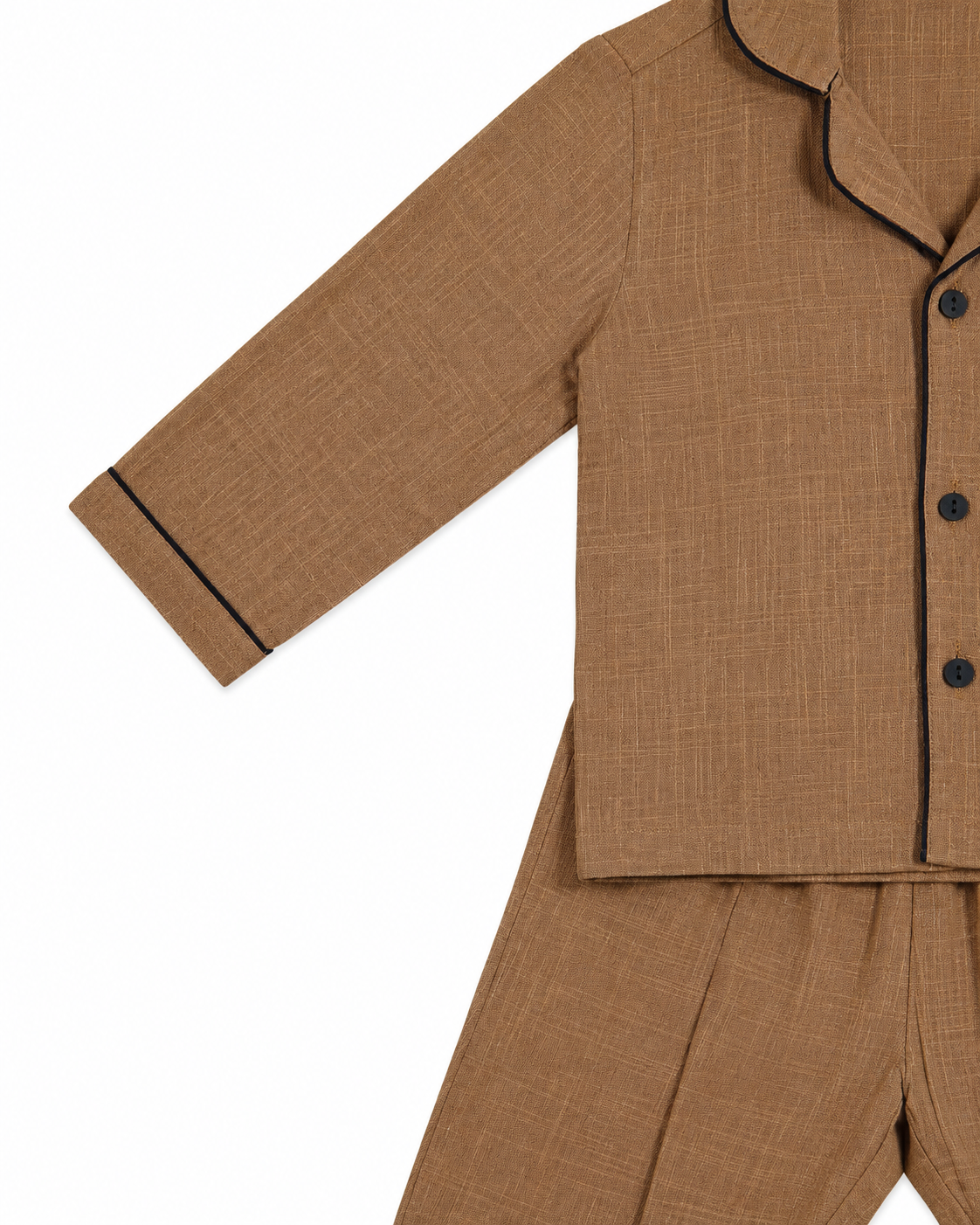Brown pajama set with black piping on a white background