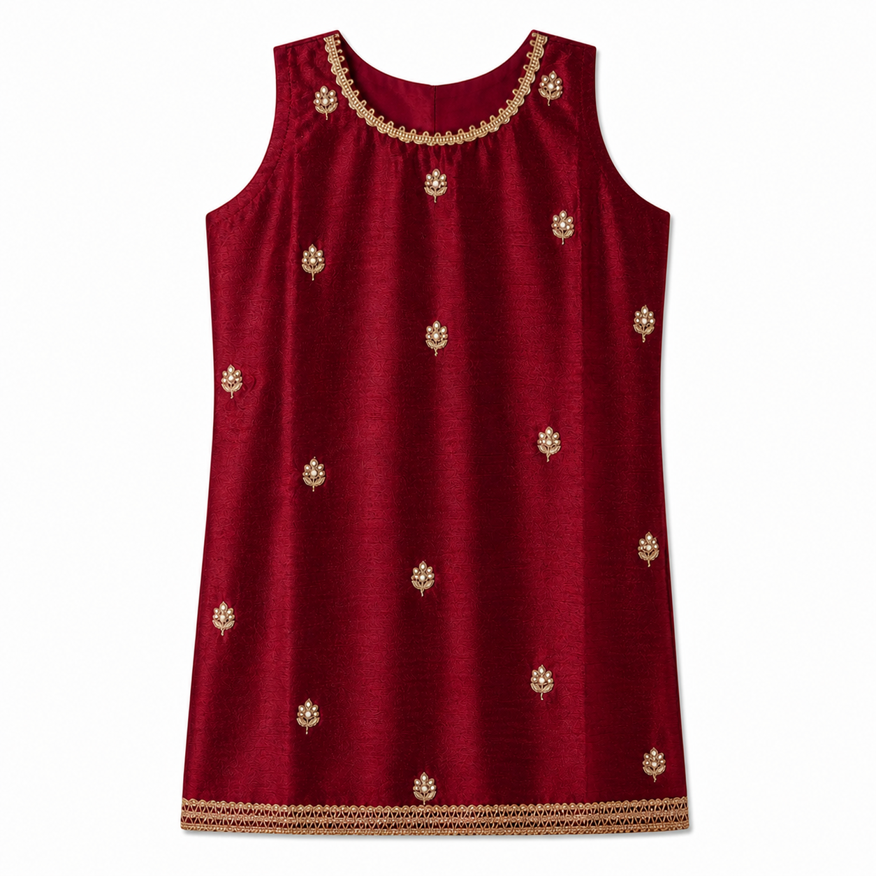 Maroon sleeveless ethnic top with gold trim by Miniminks