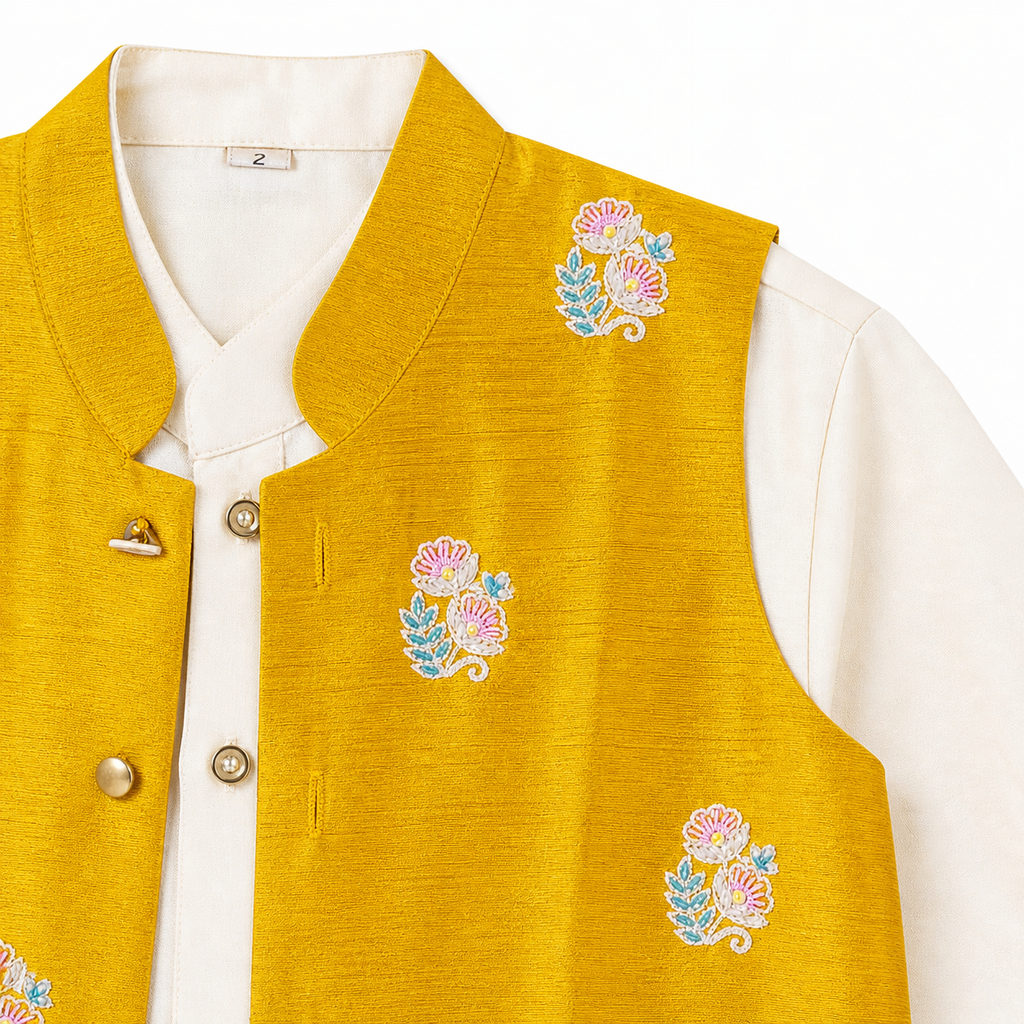 close up shot of mustard yellow koti jacket with ivory kurta