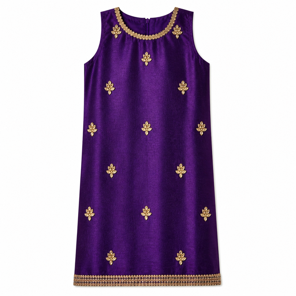 Purple dress with gold floral patterns on a white background