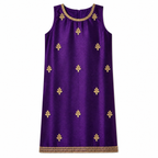 Purple dress with gold floral patterns on a white background