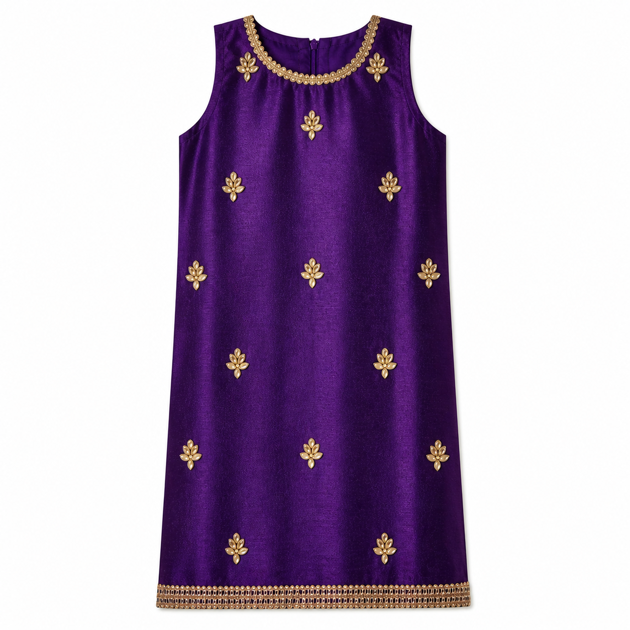 Purple dress with gold floral patterns on a white background