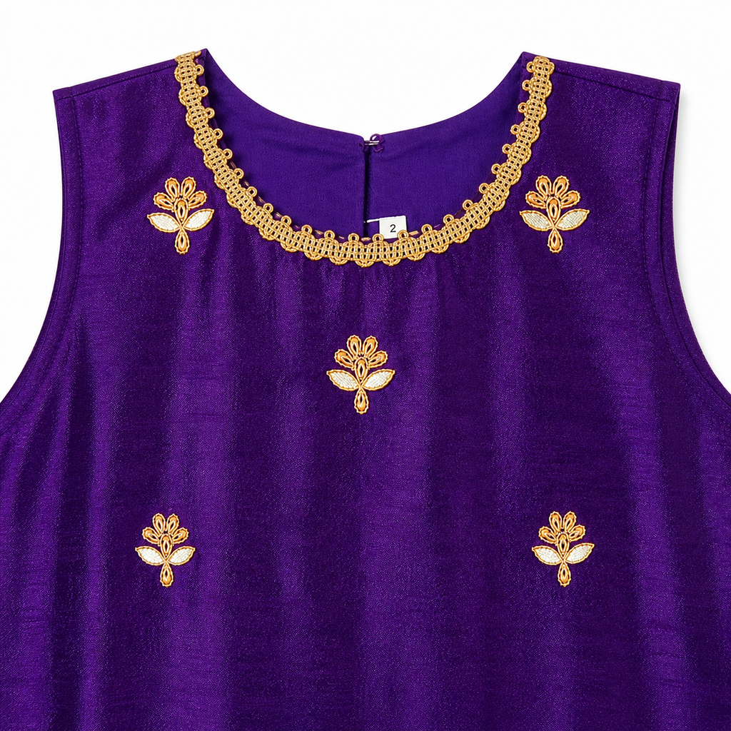 Purple sleeveless top with gold embroidery on a white background