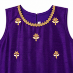 Purple sleeveless top with gold embroidery on a white background
