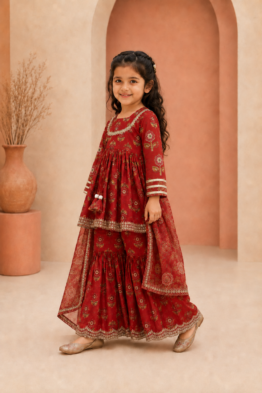 Girl wearing Maroon Red Floral Peplum Sharara Set by Miniminks